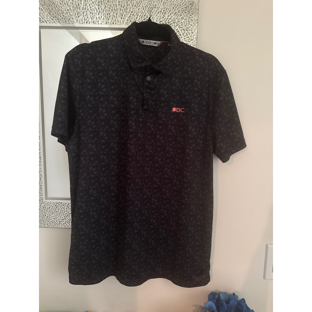Black Clover Live Lucky Mens Golf Polo Shirt Black Grey Geometric Pixel Size M